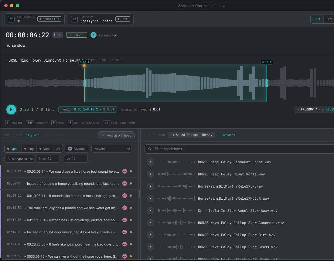 The SSPT Cockpit: large timecode and cue readout, the focused cue with its thread, a cue queue, the matched SFX for the cue with an audition waveform, and PT Connected plus Spotsheet Live status with Sync and Restore