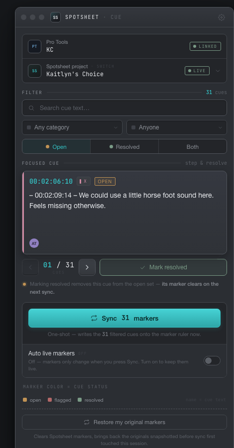 The compact SSPT-cue menu-bar helper: PT Linked and Spotsheet Live status, cue search and filters, a focused review cue, a Sync now action, an Auto live markers toggle, and Restore my original markers