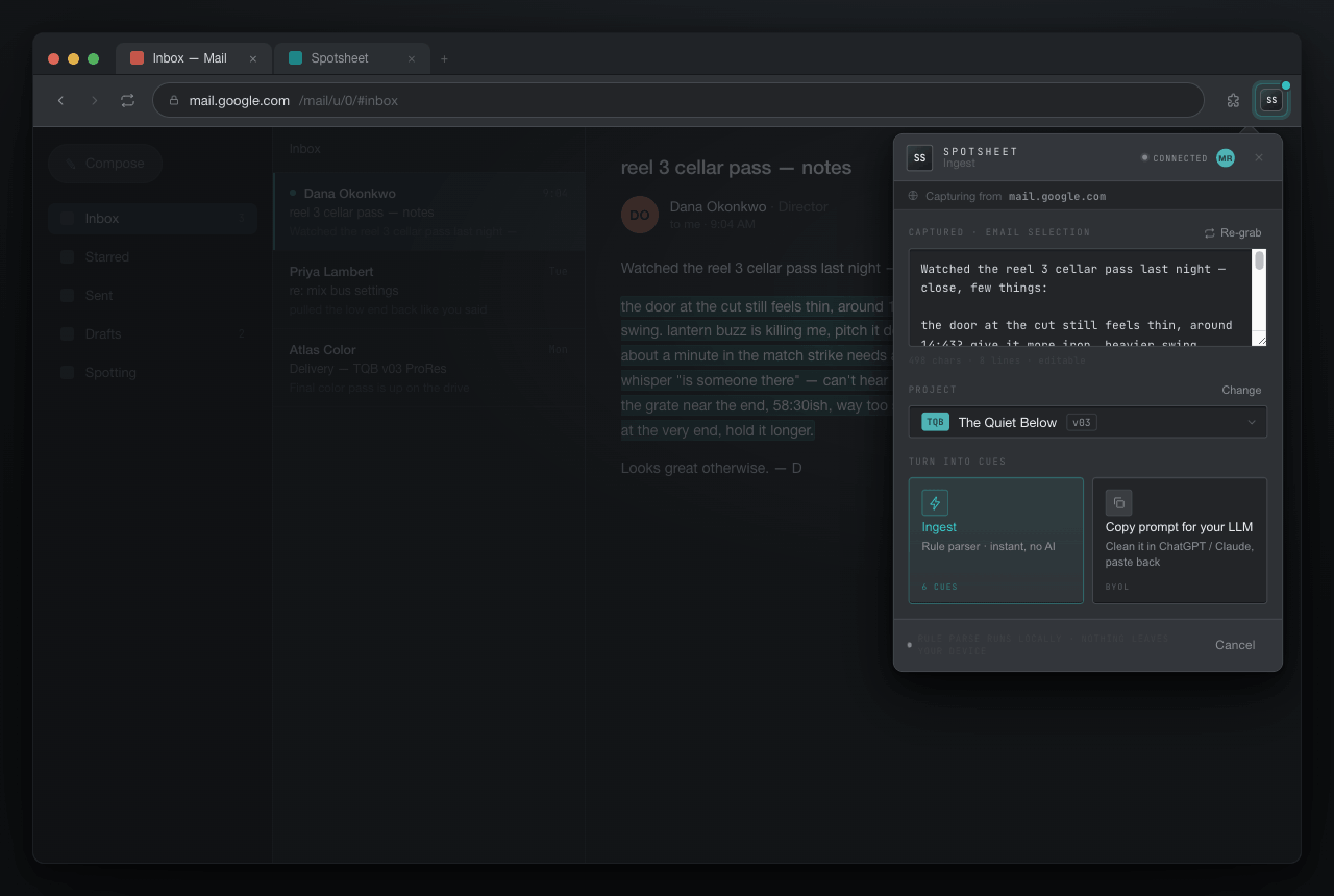 The Ingest to Spotsheet browser popup open over a webmail client: the director's spotting notes are selected on the page, the popup shows the captured selection, a project picker, and an Ingest action that parses the notes into cues instantly with no AI
